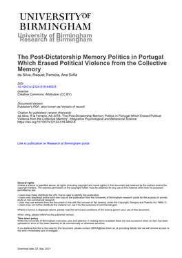 The Post-Dictatorship Memory Politics in Portugal Which Erased Political Violence from the Collective Memory Da Silva, Raquel; Ferreira, Ana Sofia