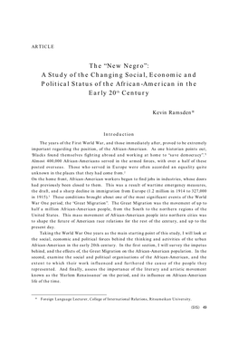 The “New Negro”: a Study of the Changing Social, Economic and Political Status of the African-American in the Early 20Th Century