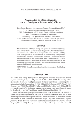 An Annotated List of the Spider Mites (Acari: Prostigmata: Tetranychidae) of Israel