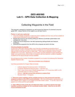 GEO 465/565 Lab 5 – GPS Data Collection & Mapping Collecting