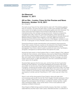 London: Frieze Art Fair Preview and News Summary, October 13-16, 2011 by A