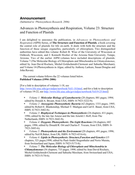 Announcement Advances in Photosynthesis and Respiration