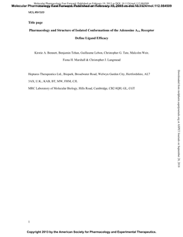 Title Page Pharmacology and Structure of Isolated Conformations of the Adenosine A2A Receptor Define Ligand Efficacy