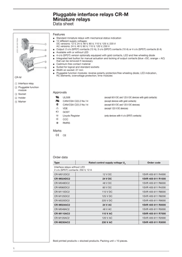 Pluggable Interface Relays CR-M Miniature Relays Data Sheet
