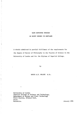 WAVE EXPOSURE STUDIES on ROCKY SHORES in SHETLAND a Thesis Submitted in Partial Fulfilment of the Requirements for the Degree Of