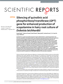 (QPT) Gene for Enhanced Production of Scopolamine in Hairy Root Culture