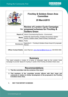 Summary Recommendations Finchley & Golders Green Area Committee