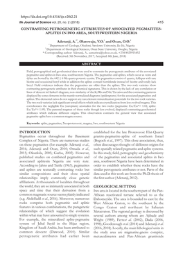 Adetunji Et Al., Often Discourages Thought of Different Origins for 2016; Adetunji and Ocan, 2010; Omada Et Al., Such Spatially Related Pegmatite and Aplite Systems