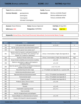 TAXON:Bromus Catharticus SCORE:19.0 RATING:High Risk