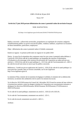 Le 1 Août 2019 JORF N°0149 Du 30 Juin 2018 Texte N°47 Arrêté Du 27 Juin 2018 Portant Délimitation Des Zones À Potentiel R