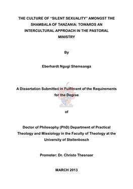 The Culture of “Silent Sexuality” Amongst the Shambala of Tanzania: Towards an Intercultural Approach in the Pastoral Ministry