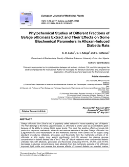 Phytochemical Studies of Different Fractions of Galega Officinalis Extract and Their Effects on Some Biochemical Parameters in Alloxan-Induced Diabetic Rats