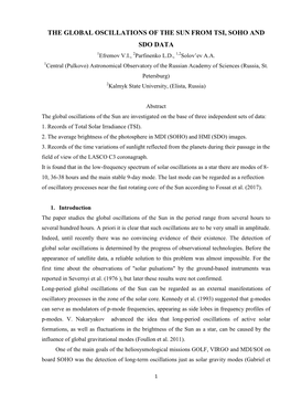 THE GLOBAL OSCILLATIONS of the SUN from TSI, SOHO and SDO DATA 1Efremov V.I., 2Parfinenko L.D., 1,2Solov’Ev A.A