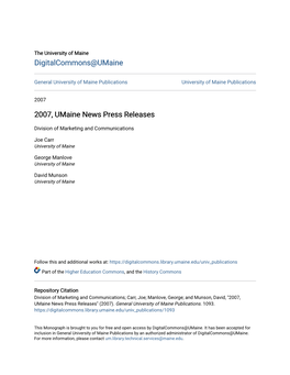 2007, Umaine News Press Releases