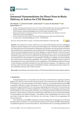 Intranasal Nanoemulsions for Direct Nose-To-Brain Delivery of Actives for CNS Disorders