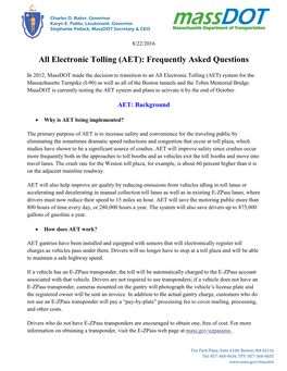 All Electronic Tolling (AET): Frequently Asked Questions