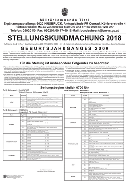 STELLUNGSKUNDMACHUNG 2018 Auf Grund Des § 18 Abs