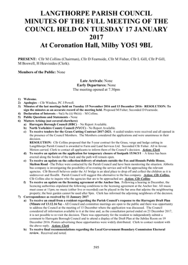 LANGTHORPE PARISH COUNCIL MINUTES of the FULL MEETING of the COUNCL HELD on TUESDAY 17 JANUARY 2017 at Coronation Hall, Milby YO51 9BL