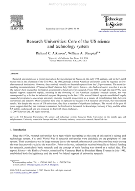 Research Universities: Core of the US Science and Technology System