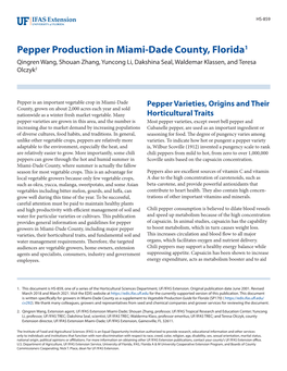 Pepper Production in Miami-Dade County, Florida1 Qingren Wang, Shouan Zhang, Yuncong Li, Dakshina Seal, Waldemar Klassen, and Teresa Olczyk2