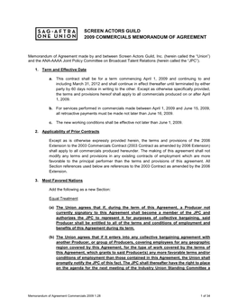 Screen Actors Guild 2009 Commercials Memorandum of Agreement