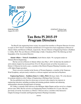 Tau Beta Pi 2015-19 Program Directors