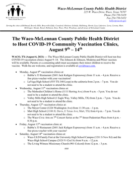 The Waco-Mclennan County Public Health District to Host COVID-19 Community Vaccination Clinics, August 9Th – 14Th