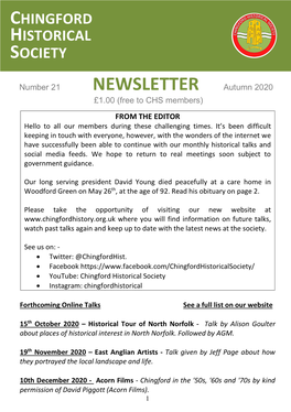 NEWSLETTER Autumn 2020 £1.00 (Free to CHS Members) from the EDITOR Hello to All Our Members During These Challenging Times