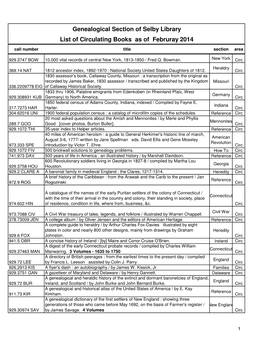 Genealogical Section of Selby Library List of Circulating Books As of Februray 2014