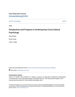 Perspectives and Progress in Contemporary Cross-Cultural Psychology