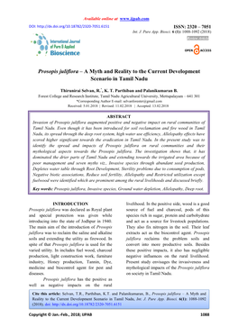 Prosopis Juliflora – a Myth and Reality to the Current Development Scenario in Tamil Nadu
