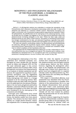 Monophyly and Phylogenetic Relationships of the Pelecaniformes: a Numerical Cladistic Analysis