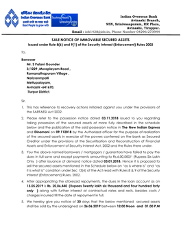 SALE NOTICE of IMMOVABLE SECURED ASSETS Issued Under Rule 8(6) and 9(1) of the Security Interest (Enforcement) Rules 2002