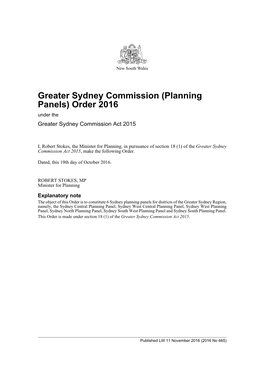 Greater Sydney Commission (Planning Panels) Order 2016 Under the Greater Sydney Commission Act 2015