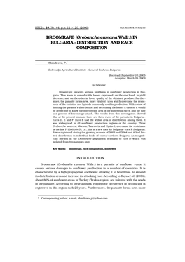 BROOMRAPE (Orobanche Cumana Wallr.) in BULGARIA - DISTRIBUTION and RACE COMPOSITION