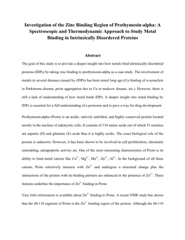 Investigation of the Zinc Binding Region of Prothymosin-Alpha: a Spectroscopic and Thermodynamic Approach to Study Metal Binding in Intrinsically Disordered Proteins