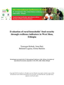 Evaluation of Rural Households' Food Security Through Resilience Indicators in West Shoa, Ethiopia