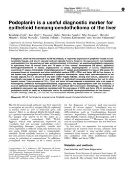 Podoplanin Is a Useful Diagnostic Marker for Epithelioid Hemangioendothelioma of the Liver
