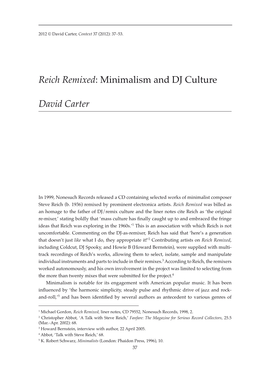 Reich Remixed: Minimalism and DJ Culture David Carter