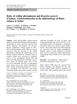 Roles of Stolbur Phytoplasma and Reptalus Panzeri (Cixiinae, Auchenorrhyncha) in the Epidemiology of Maize Redness in Serbia