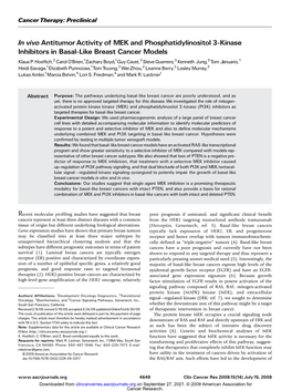 In Vivo Antitumor Activity of MEK and Phosphatidylinositol 3-Kinase Inhibitors in Basal-Like Breast Cancer Models Klaus P