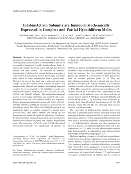 Inhibin/Activin Subunits Are Immunohistochemically Expressed in Complete and Partial Hydatidiform Moles