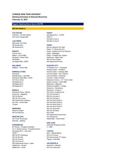 CHINESE NEW YEAR ADVISORY Banking Schedule of Selected Branches February 12, 2021