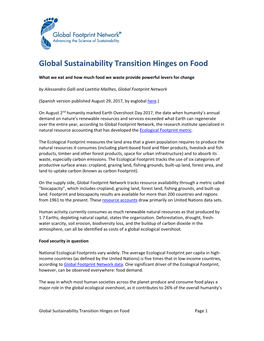 Global Sustainability Transition Hinges on Food