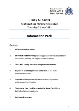 Tilney All Saints Neighbourhood Planning Referendum Thursday 22 July 2021