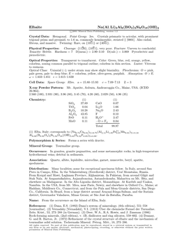Elbaite Na(Al; Li)3Al6(BO3)3Si6o18(OH)4 C 2001 Mineral Data Publishing, Version 1.2 ° Crystal Data: Hexagonal