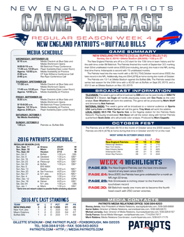 NEW ENGLAND PATRIOTS Vs BUFFALO BILLS MEDIA SCHEDULE GAME SUMMARY NEW ENGLAND PATRIOTS (3-0) Vs