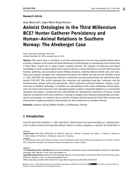 Animist Ontologies in the Third Millennium BCE? Hunter-Gatherer Persistency and Human–Animal Relations in Southern Norway: the Alveberget Case