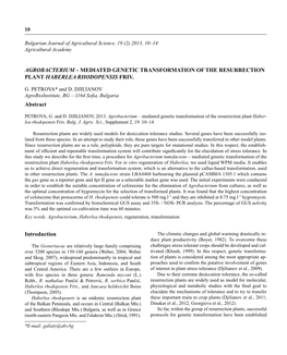 Agrobacterium – Mediated Genetic Transformation of the Resurrection Plant Haberlea Rhodopensis Friv