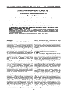 Sobre La Presencia Del Género Thorictus Germar, 1834 Y Otras Precisiones Al Catálogo De Dermestidae (Coleoptera) De Cataluña (Nordeste De La Península Ibérica)